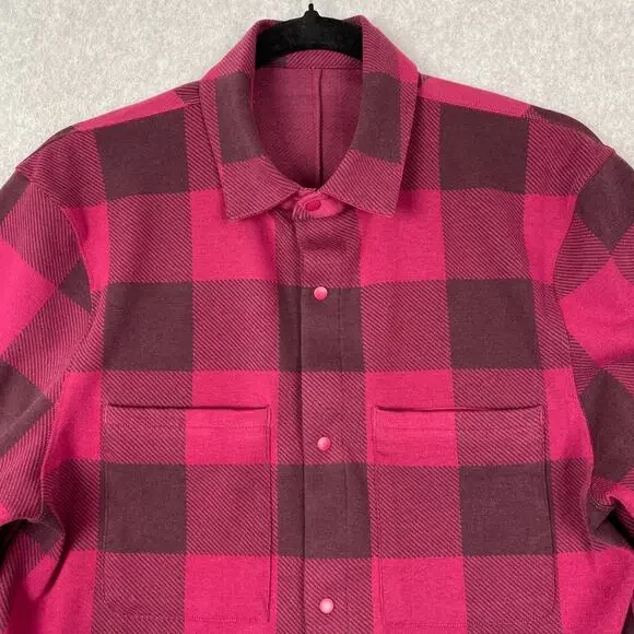 Lululemon Shirt Mens S Soft Knit Overshirt in Check Plaid Cassis Pomegranate - Picture 2 of 8